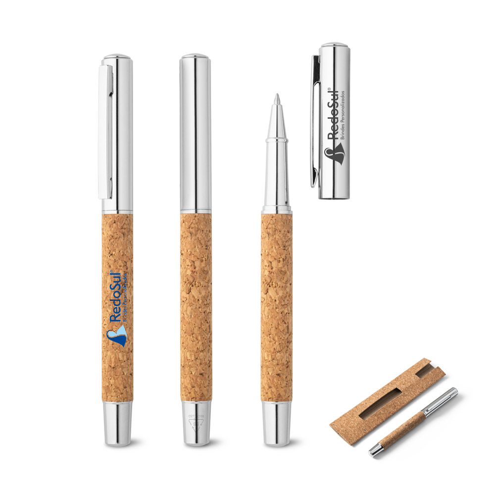 RD 91783-Caneta personbalizada escrita Roller com corpo em aço inox e cortiça
