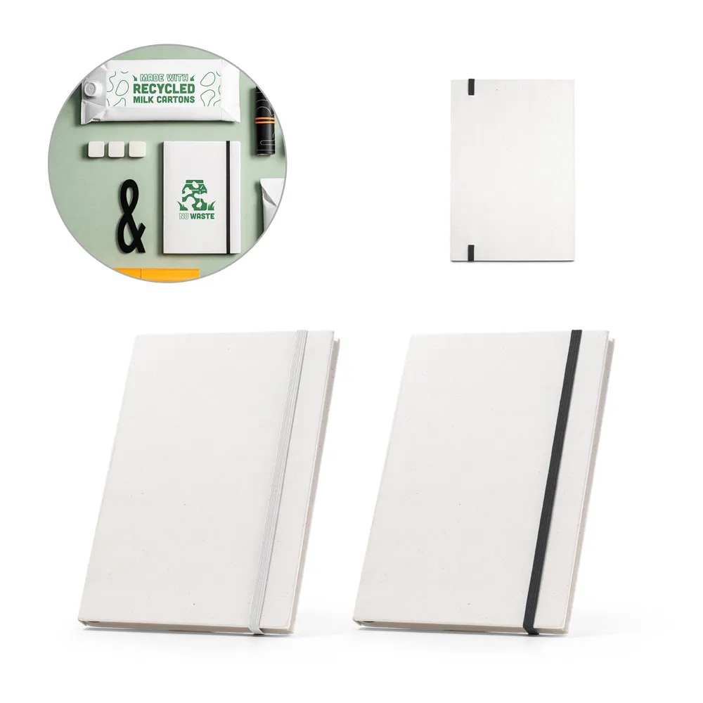 Caderno ecológico personalizado produzido através de pacotes de leite reciclados