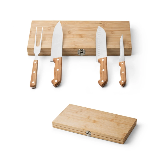 Kit churrasco personalizado em caixa bambu com 4 utensílios em aço inox e bambu