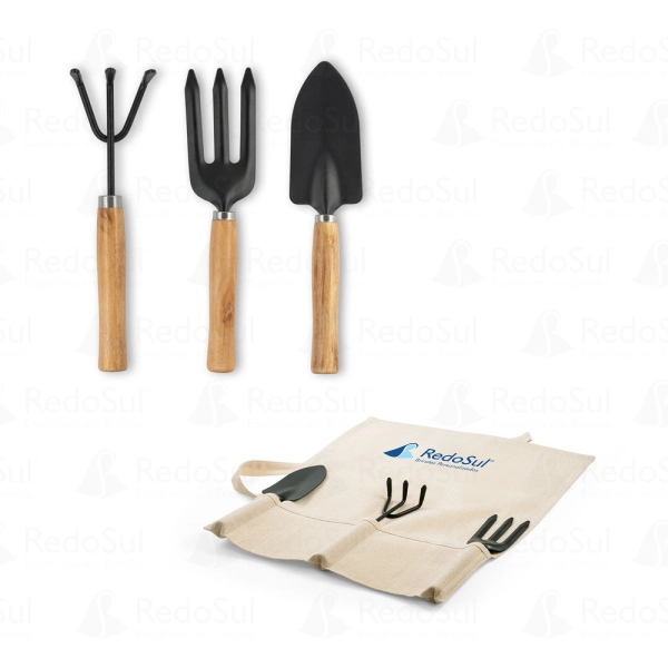 Conjunto de jardinagem personalizado com 3 ferramentas em metal e madeira